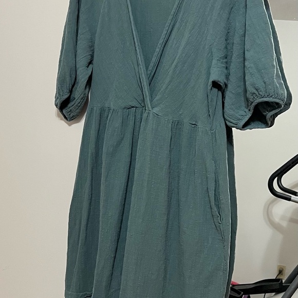 Madewell teal wrap front puff sleeve cotton dress - Picture 2 of 5